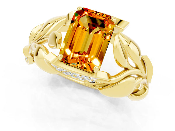 Yellow gold Emerald Cut Citrine Leaf-Inspired Engagement Ring with Round Accents and Prong Setting