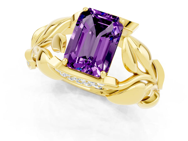 Yellow gold Emerald Cut Amethyst Leaf-Inspired Engagement Ring with Round Accents and Prong Setting