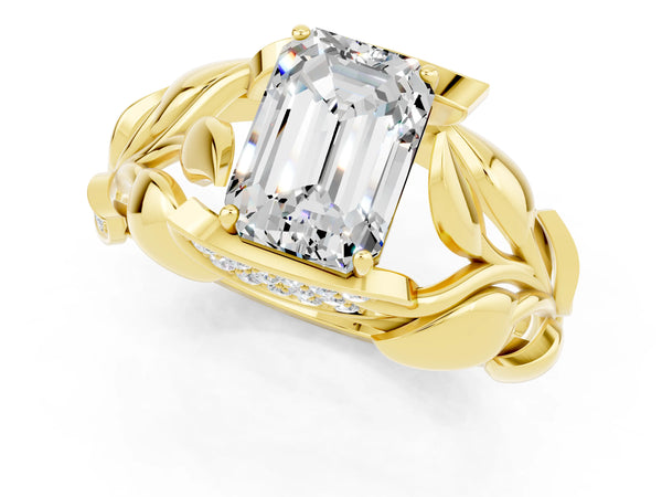 Yellow gold Emerald Cut Moissanite Leaf-Inspired Engagement Ring with Round Accents and Prong Setting