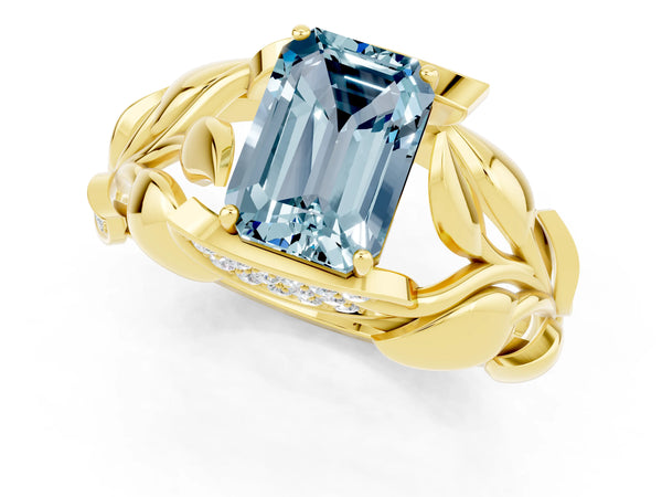 Yellow gold Emerald Cut Aquamarine Leaf-Inspired Engagement Ring with Round Accents and Prong Setting