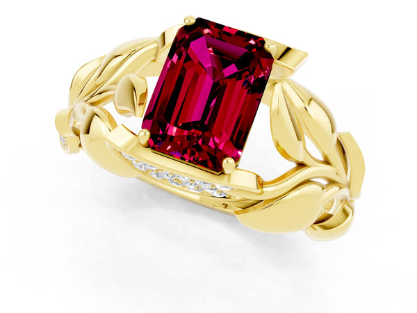 Yellow gold Emerald Cut Garnet Leaf-Inspired Engagement Ring with Round Accents and Prong Setting