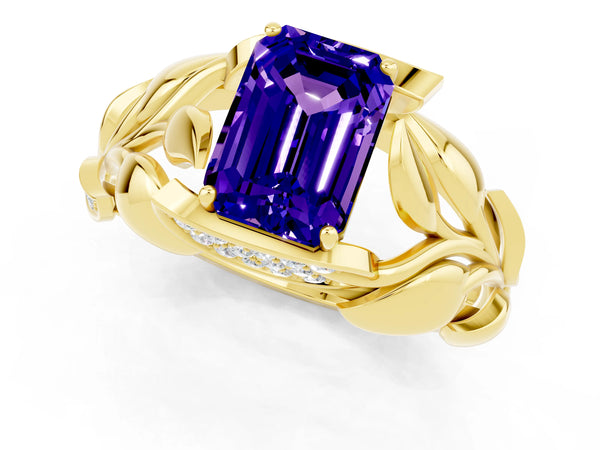 Yellow gold Emerald Cut Tanzanite Leaf-Inspired Engagement Ring with Round Accents and Prong Setting