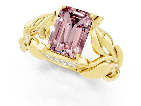 Yellow gold Emerald Cut Solitaire Leaf-Inspired Engagement Ring with Prong Setting_1