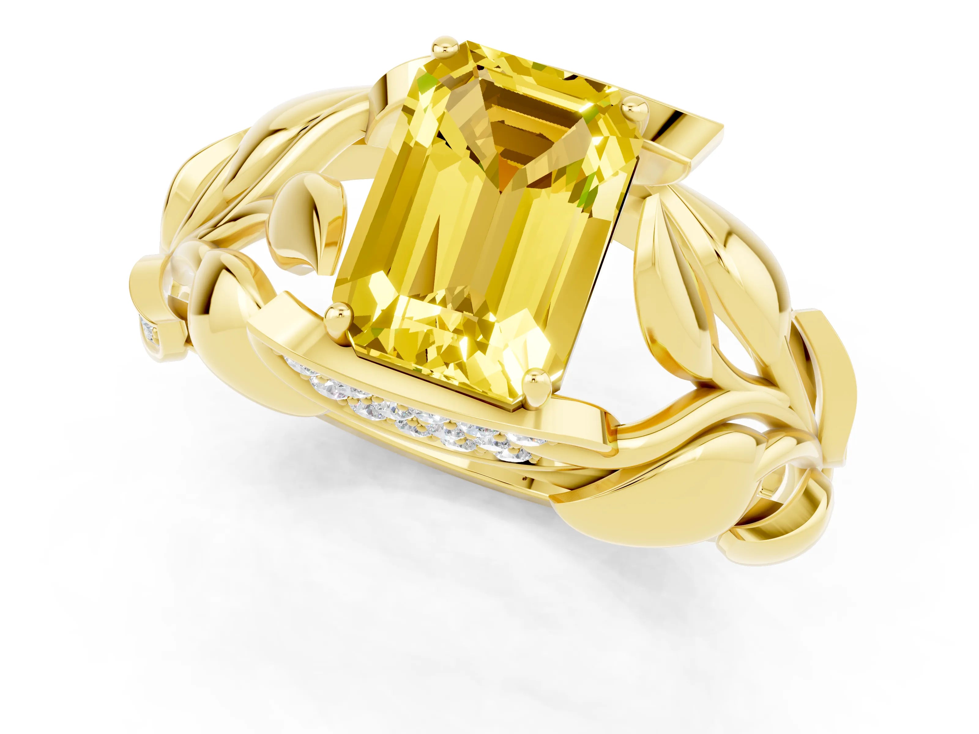 Yellow gold Emerald Cut Solitaire Leaf-Inspired Engagement Ring with Prong Setting_1