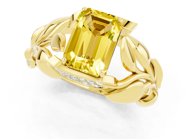 Yellow gold Emerald Cut Yellow Sapphire Leaf-Inspired Engagement Ring with Round Accents and Prong Setting