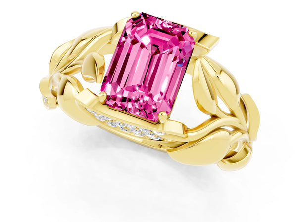 Yellow gold Emerald Cut Pink Sapphire Leaf-Inspired Engagement Ring with Round Accents and Prong Setting