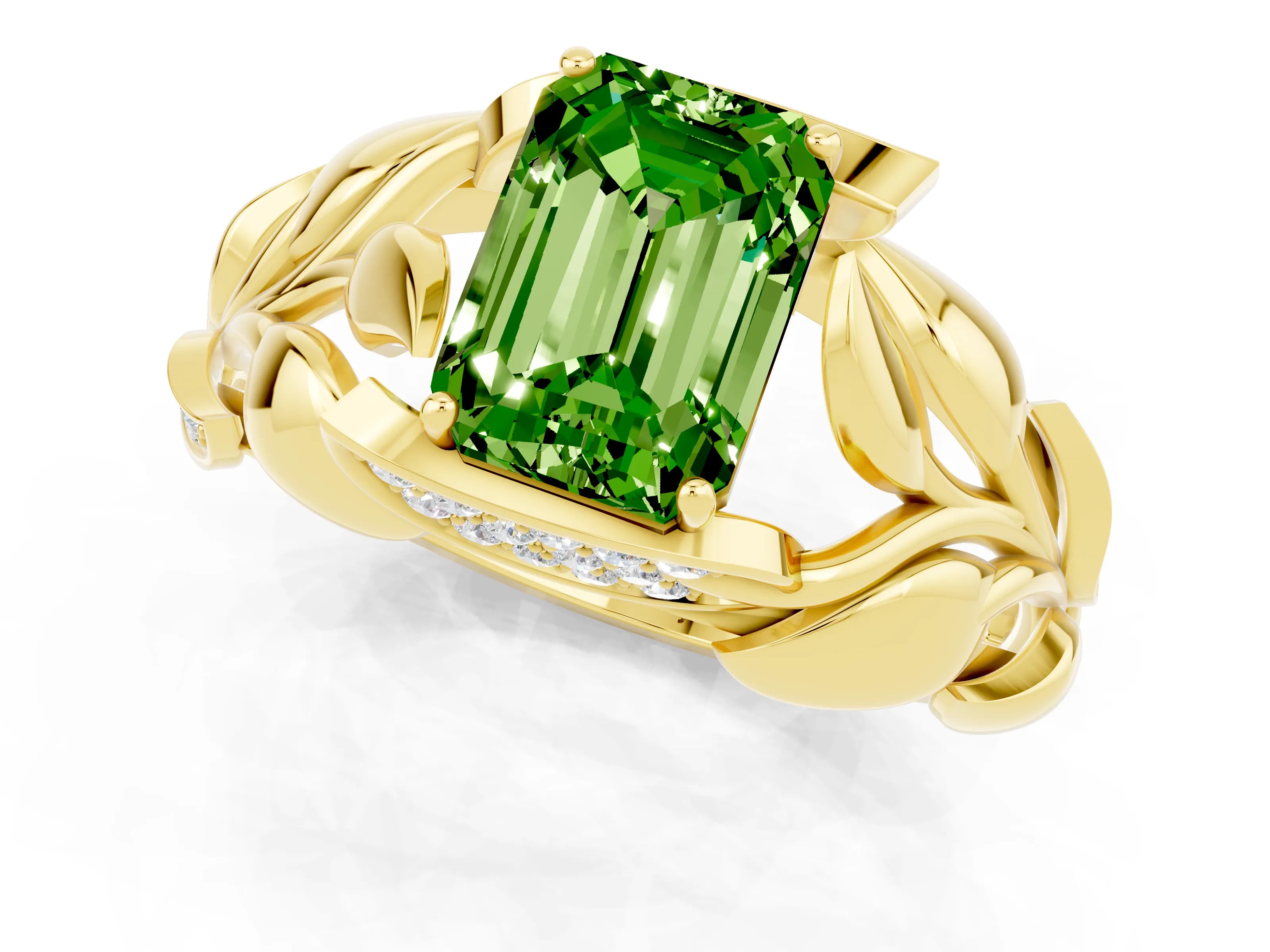 Yellow gold Emerald Cut Solitaire Leaf-Inspired Engagement Ring with Prong Setting_1