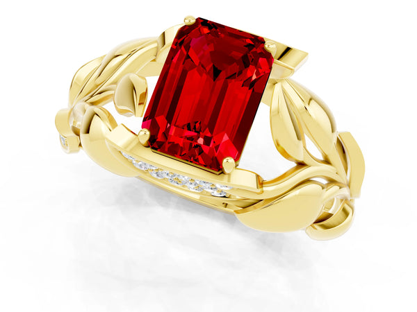 Yellow gold Emerald Cut Ruby Leaf-Inspired Engagement Ring with Round Accents and Prong Setting