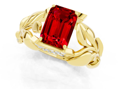Yellow gold Emerald Cut Solitaire Leaf-Inspired Engagement Ring with Prong Setting_1