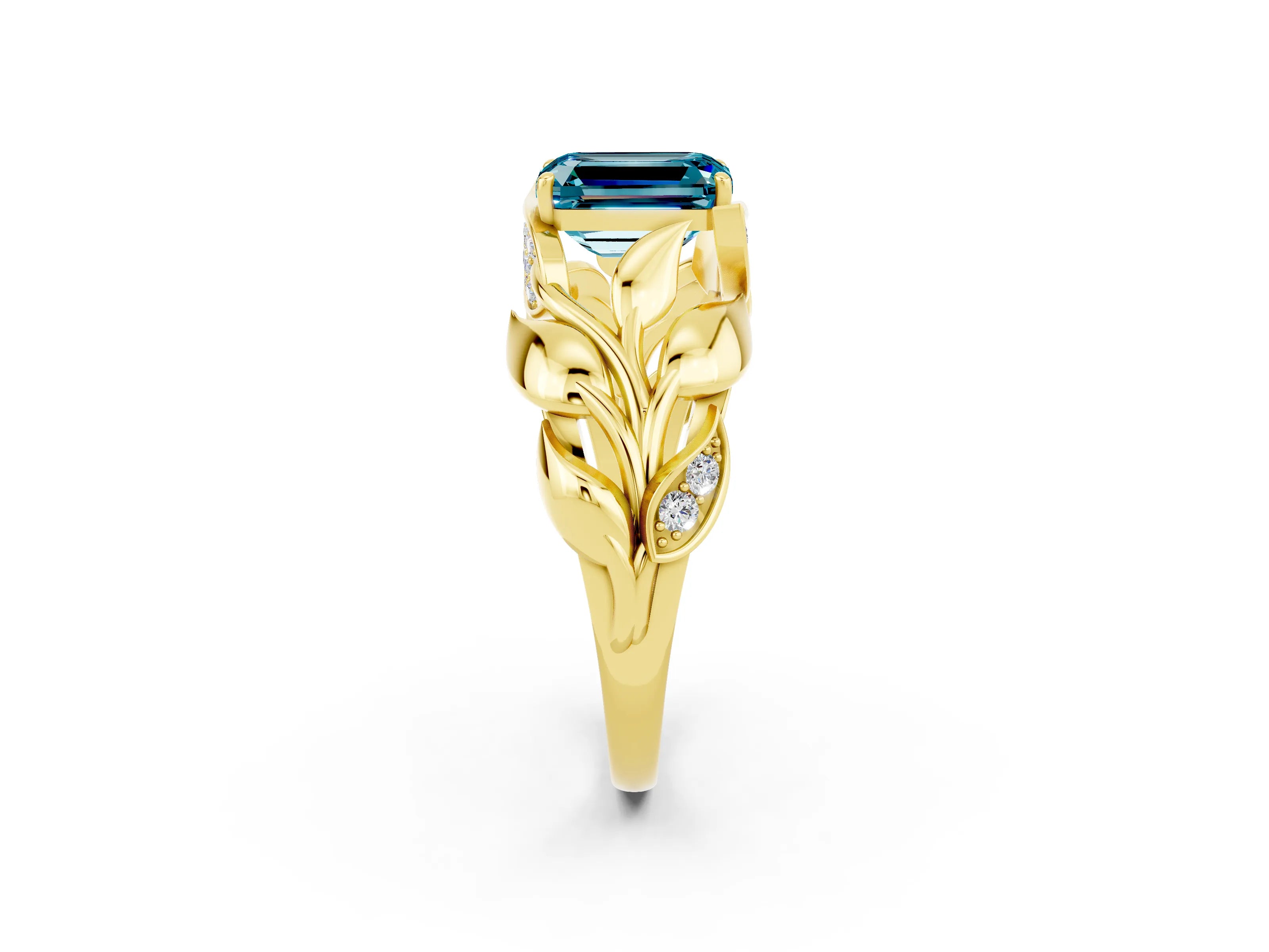 Yellow gold Emerald Cut Solitaire Leaf-Inspired Engagement Ring with Prong Setting_2