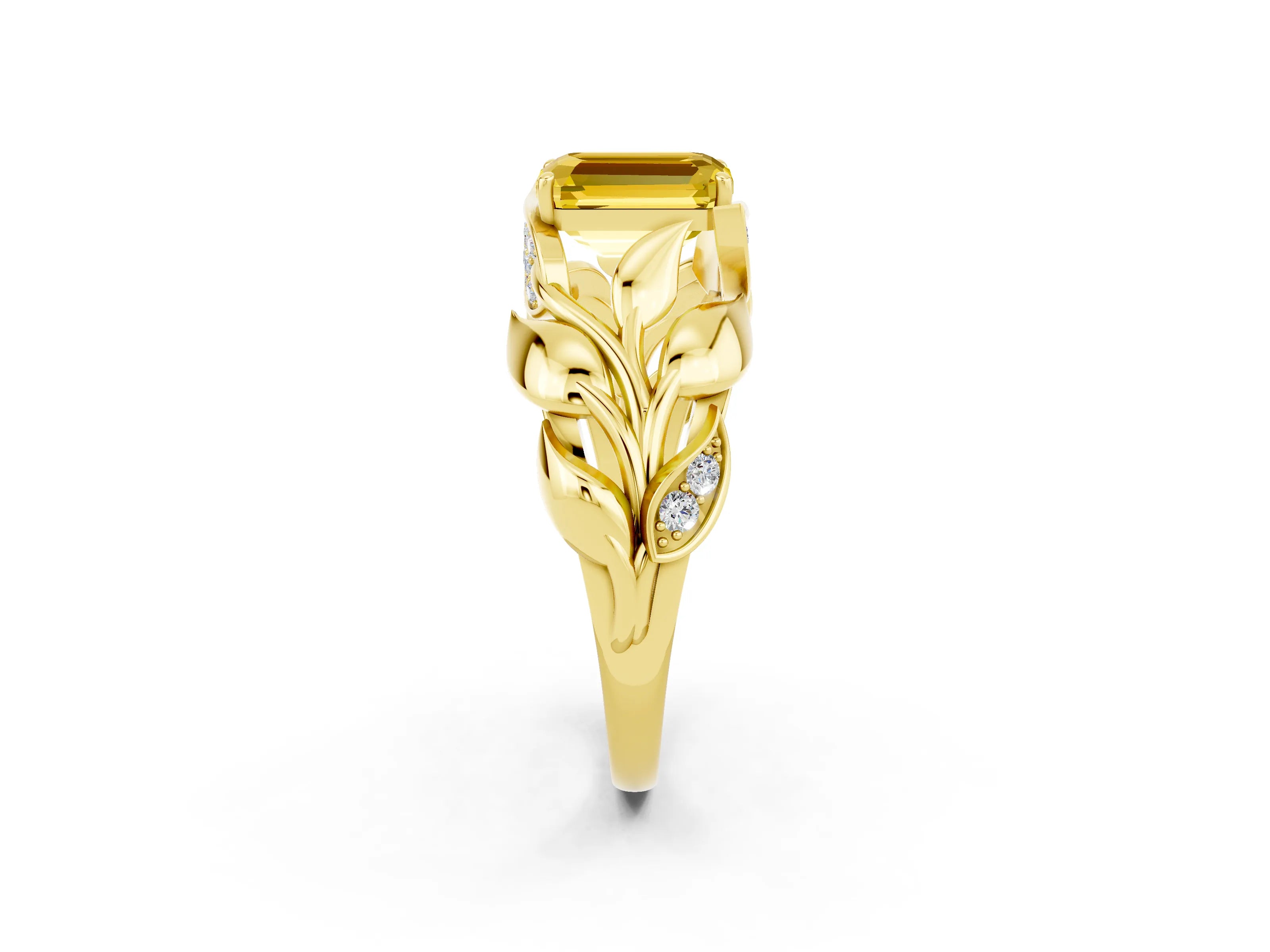 Yellow gold Emerald Cut Solitaire Leaf-Inspired Engagement Ring with Prong Setting_2
