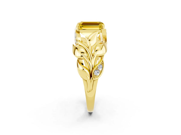 Yellow gold Emerald Cut Yellow Sapphire Leaf-Inspired Engagement Ring with Round Accents and Prong Setting