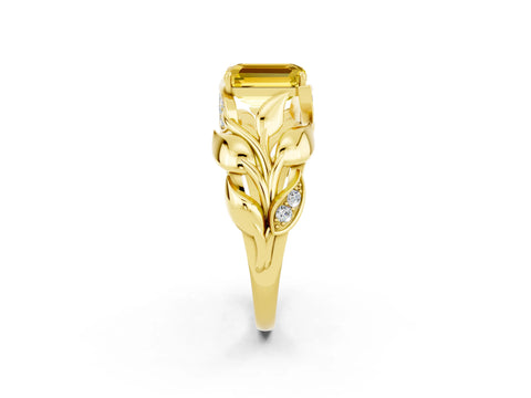 Yellow gold Emerald Cut Solitaire Leaf-Inspired Engagement Ring with Prong Setting_2