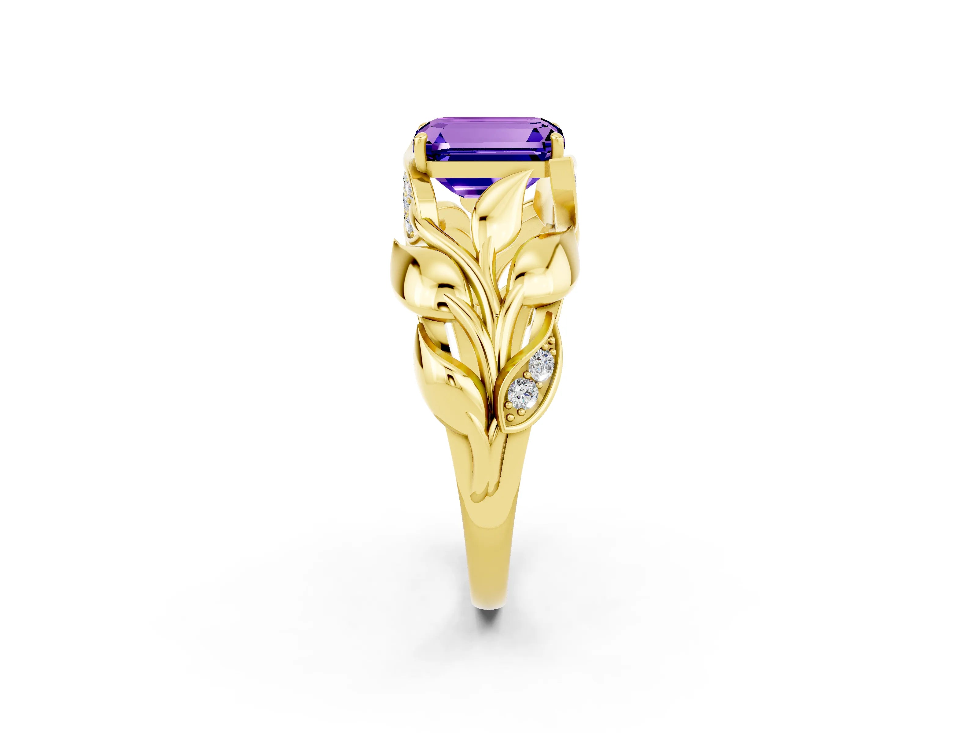 Yellow gold Emerald Cut Solitaire Leaf-Inspired Engagement Ring with Prong Setting_2