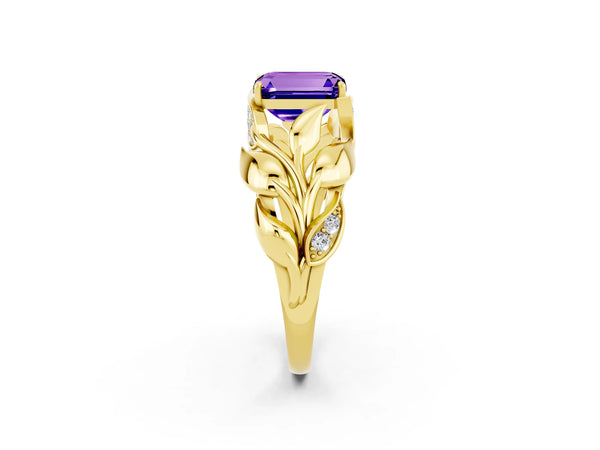 Yellow gold Emerald Cut Tanzanite Leaf-Inspired Engagement Ring with Round Accents and Prong Setting