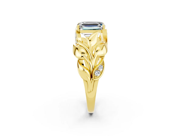 Yellow gold Emerald Cut Moissanite Leaf-Inspired Engagement Ring with Round Accents and Prong Setting