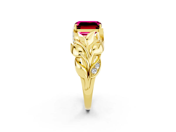 Yellow gold Emerald Cut Garnet Leaf-Inspired Engagement Ring with Round Accents and Prong Setting