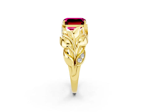 Yellow gold Emerald Cut Solitaire Leaf-Inspired Engagement Ring with Prong Setting_2