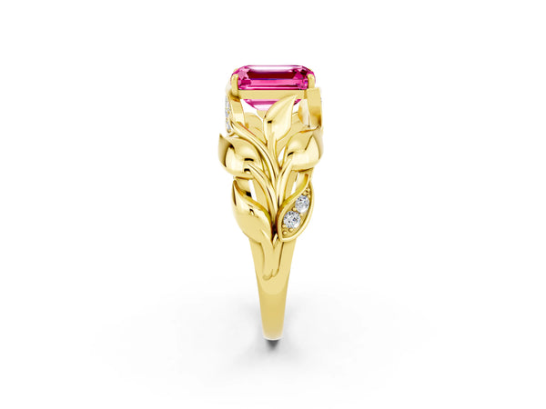 Yellow gold Emerald Cut Pink Sapphire Leaf-Inspired Engagement Ring with Round Accents and Prong Setting