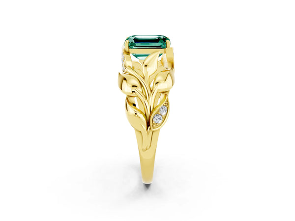 Yellow gold Emerald Cut Green Sapphire Leaf-Inspired Engagement Ring with Round Accents and Prong Setting