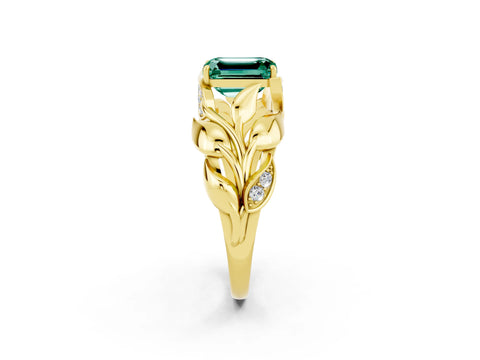 Yellow gold Emerald Cut Solitaire Leaf-Inspired Engagement Ring with Prong Setting_2