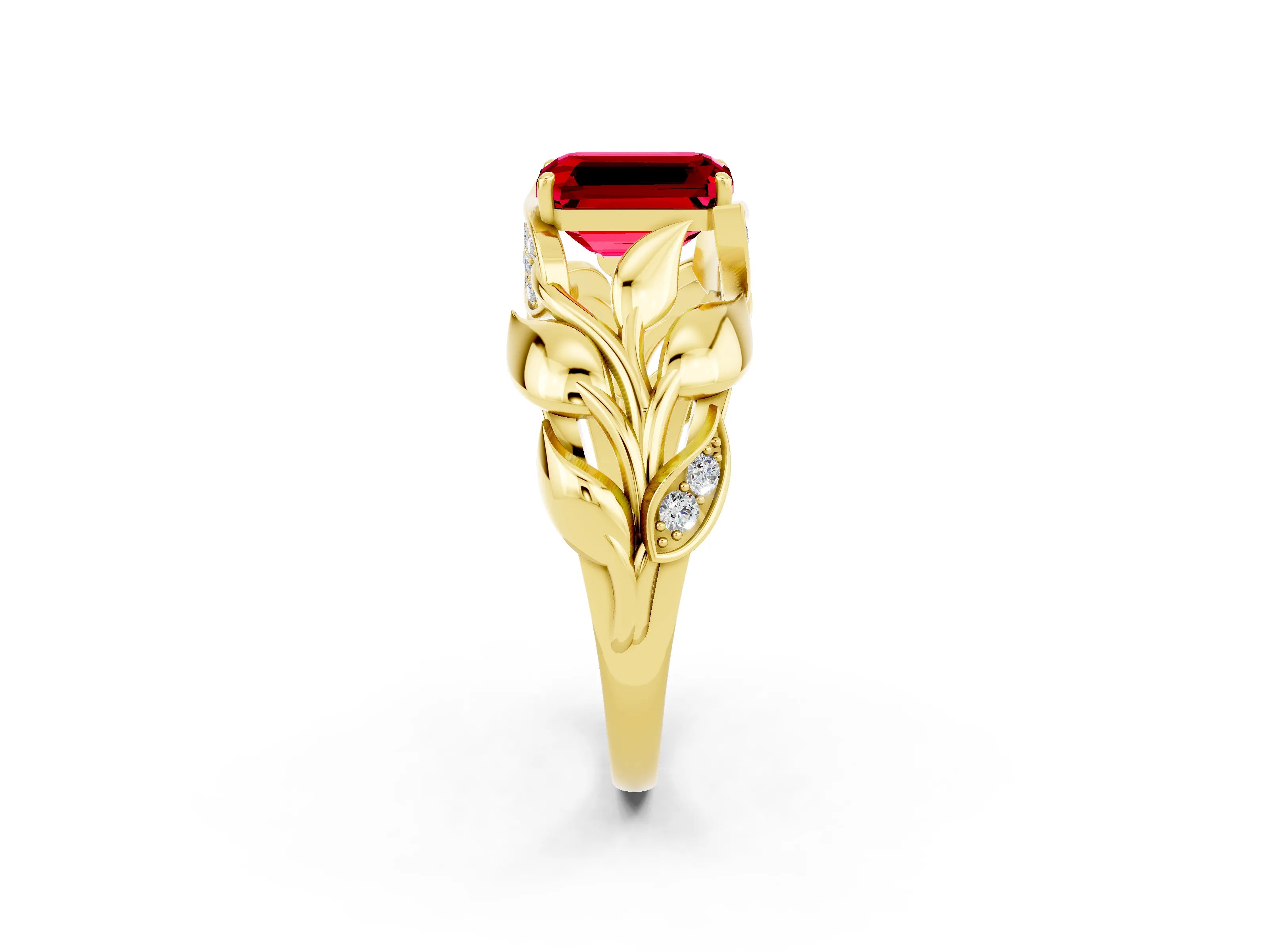 Yellow gold Emerald Cut Solitaire Leaf-Inspired Engagement Ring with Prong Setting_2
