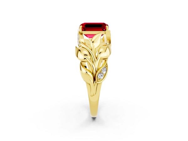 Yellow gold Emerald Cut Ruby Leaf-Inspired Engagement Ring with Round Accents and Prong Setting