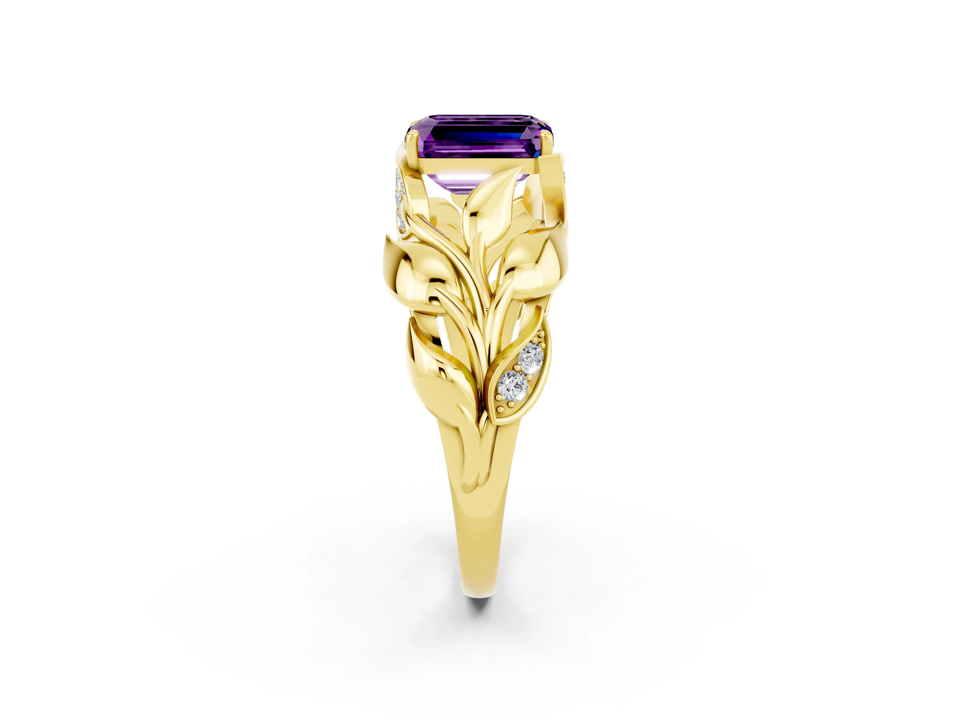 Yellow gold Emerald Cut Solitaire Leaf-Inspired Engagement Ring with Prong Setting_2