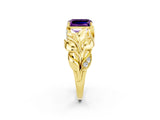 Yellow gold Emerald Cut Solitaire Leaf-Inspired Engagement Ring with Prong Setting_2
