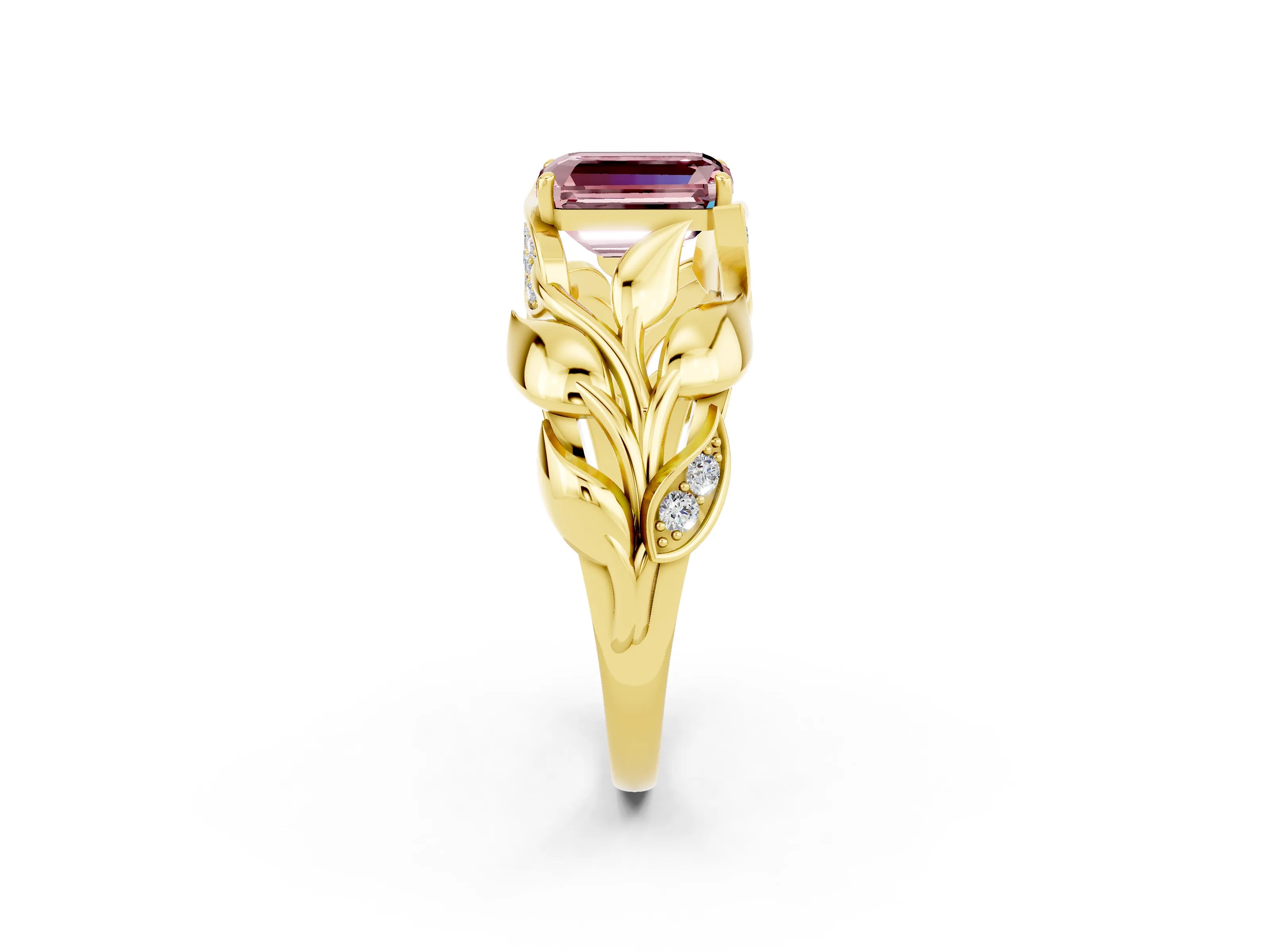Yellow gold Emerald Cut Solitaire Leaf-Inspired Engagement Ring with Prong Setting_2