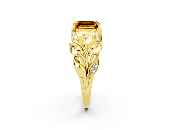 Yellow gold Emerald Cut Citrine Leaf-Inspired Engagement Ring with Round Accents and Prong Setting
