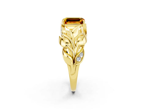 Yellow gold Emerald Cut Solitaire Leaf-Inspired Engagement Ring with Prong Setting_2