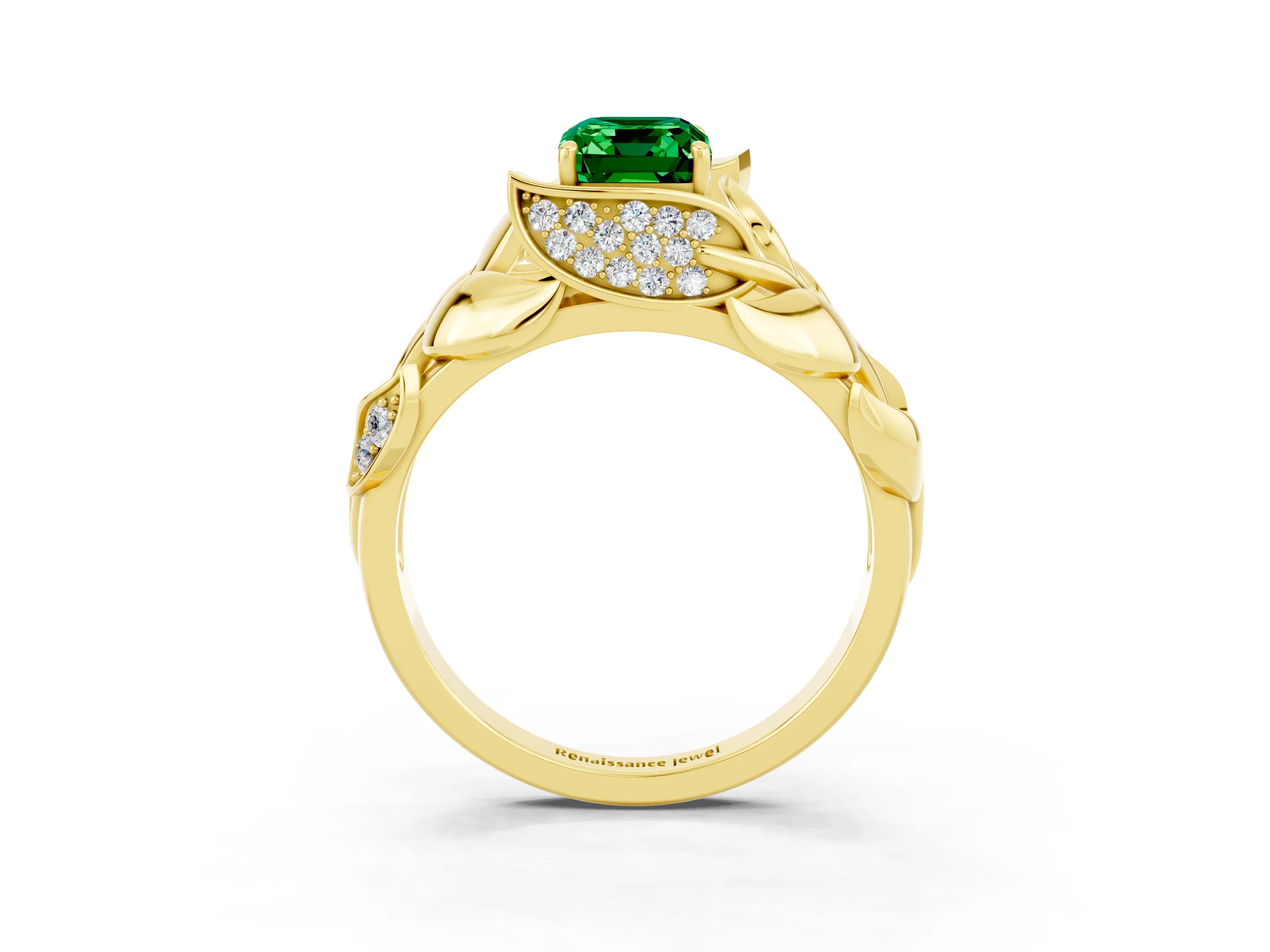 Yellow gold Emerald Cut Solitaire Leaf-Inspired Engagement Ring with Prong Setting_3