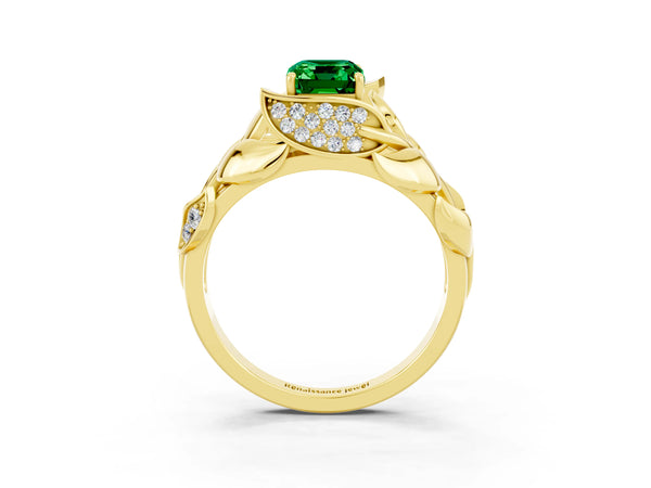 Yellow gold Emerald Cut Emerald Leaf-Inspired Engagement Ring with Round Accents and Prong Setting