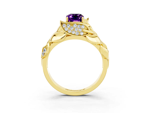 Yellow gold Emerald Cut Amethyst Leaf-Inspired Engagement Ring with Round Accents and Prong Setting