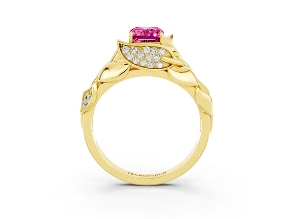 Yellow gold Emerald Cut Pink Sapphire Leaf-Inspired Engagement Ring with Round Accents and Prong Setting
