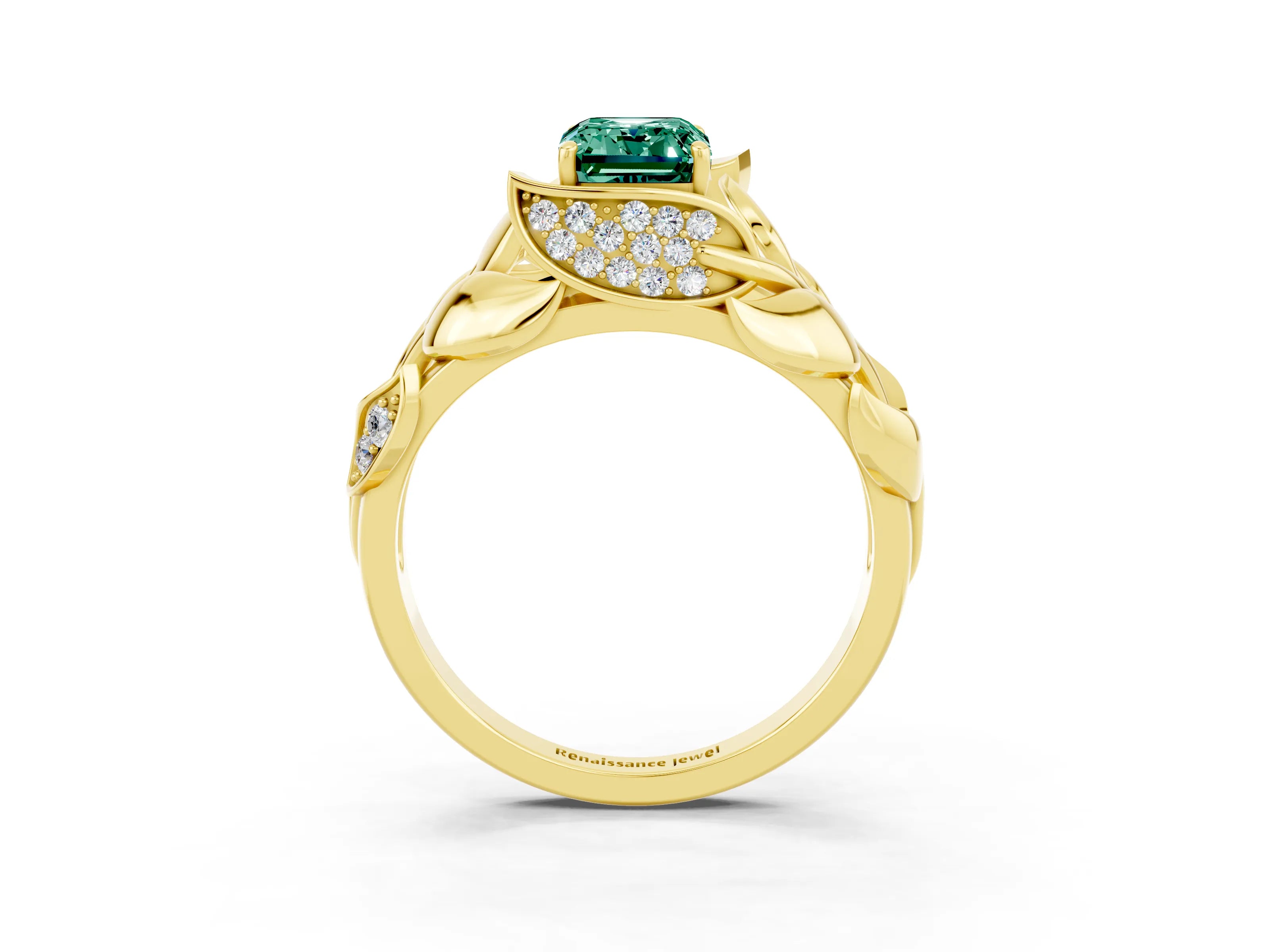 Yellow gold Emerald Cut Solitaire Leaf-Inspired Engagement Ring with Prong Setting_3
