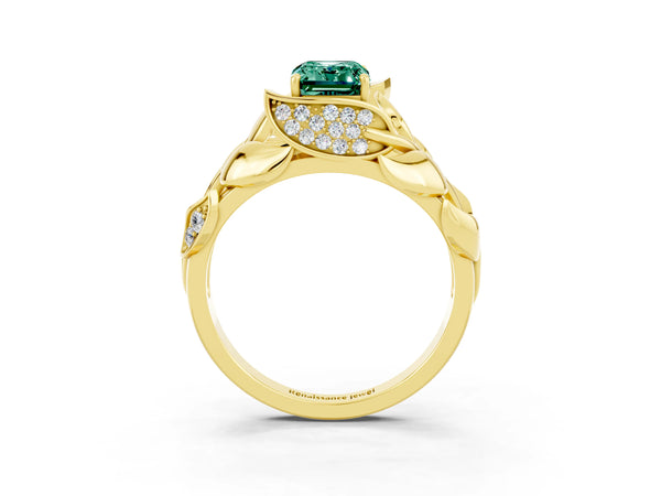 Yellow gold Emerald Cut Green Sapphire Leaf-Inspired Engagement Ring with Round Accents and Prong Setting
