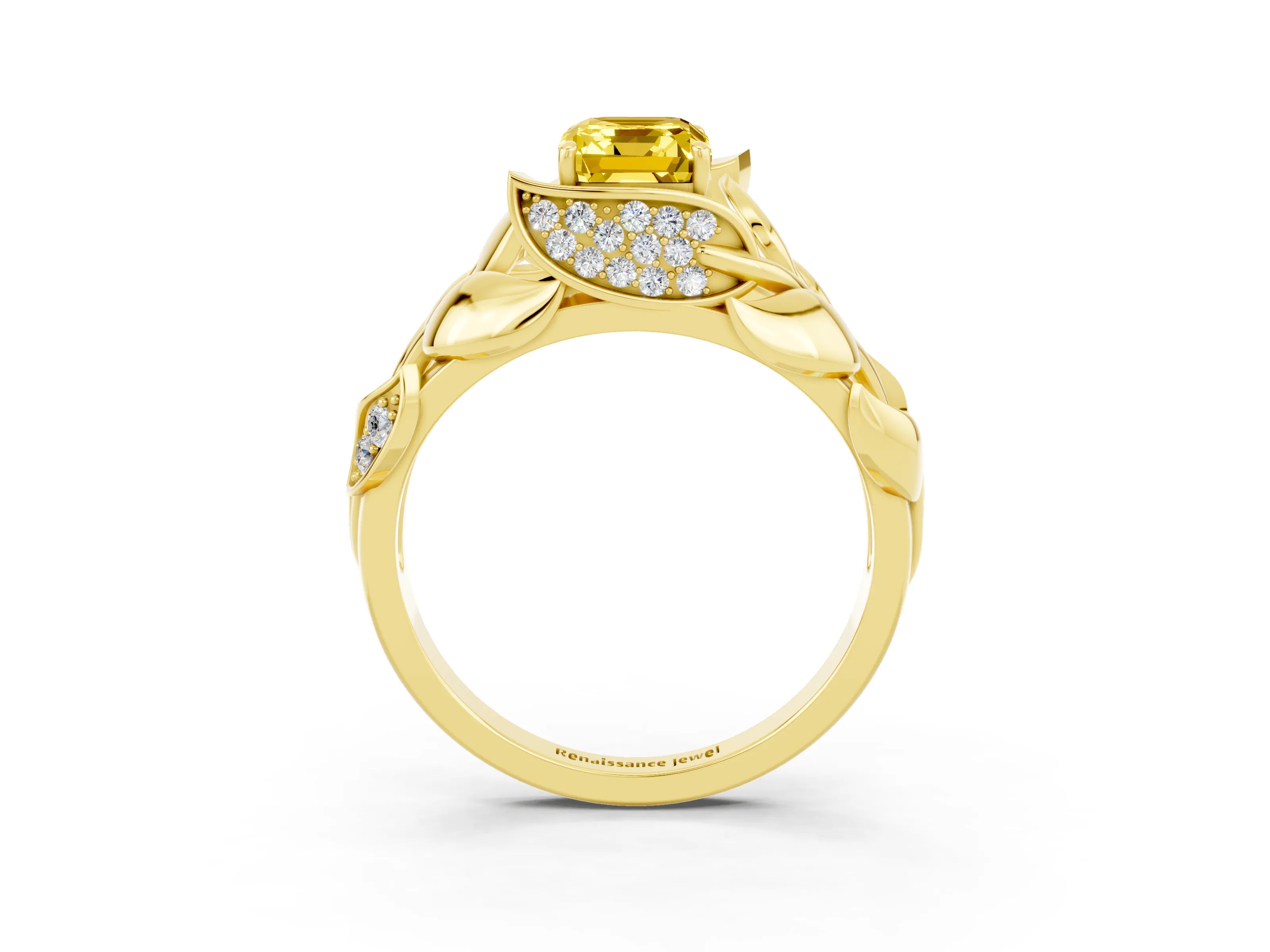 Yellow gold Emerald Cut Solitaire Leaf-Inspired Engagement Ring with Prong Setting_3