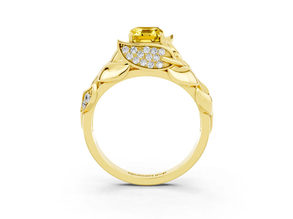 Yellow gold Emerald Cut Yellow Sapphire Leaf-Inspired Engagement Ring with Round Accents and Prong Setting
