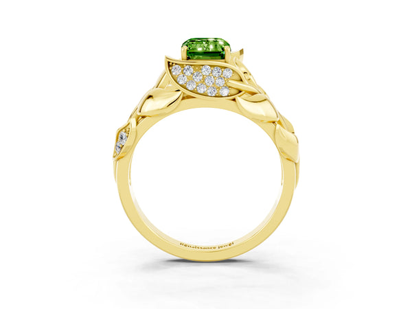 Yellow gold Emerald Cut Solitaire Leaf-Inspired Engagement Ring with Prong Setting