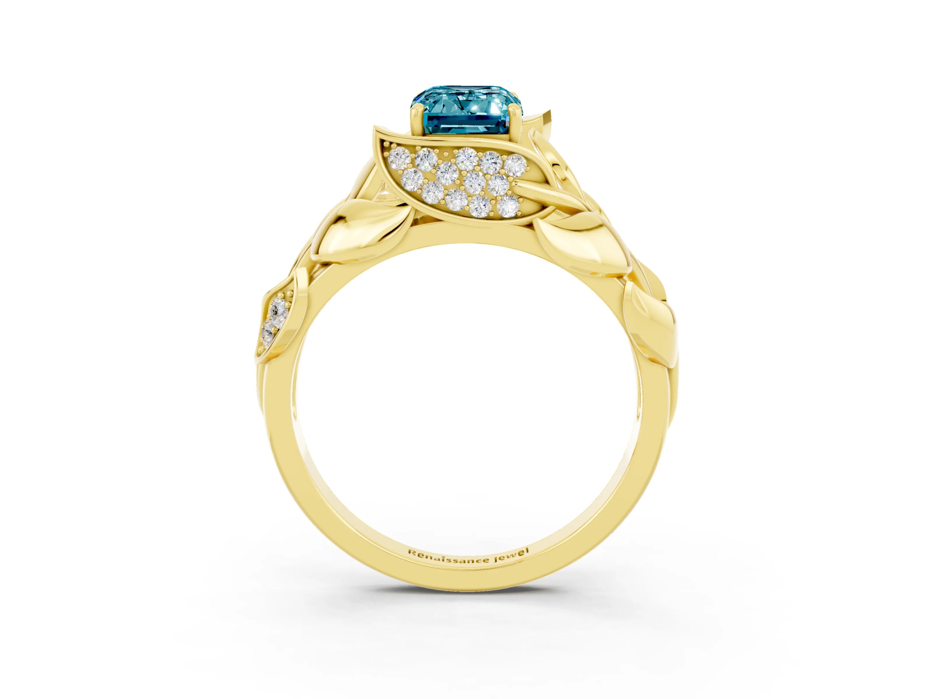 Yellow gold Emerald Cut Solitaire Leaf-Inspired Engagement Ring with Prong Setting_3