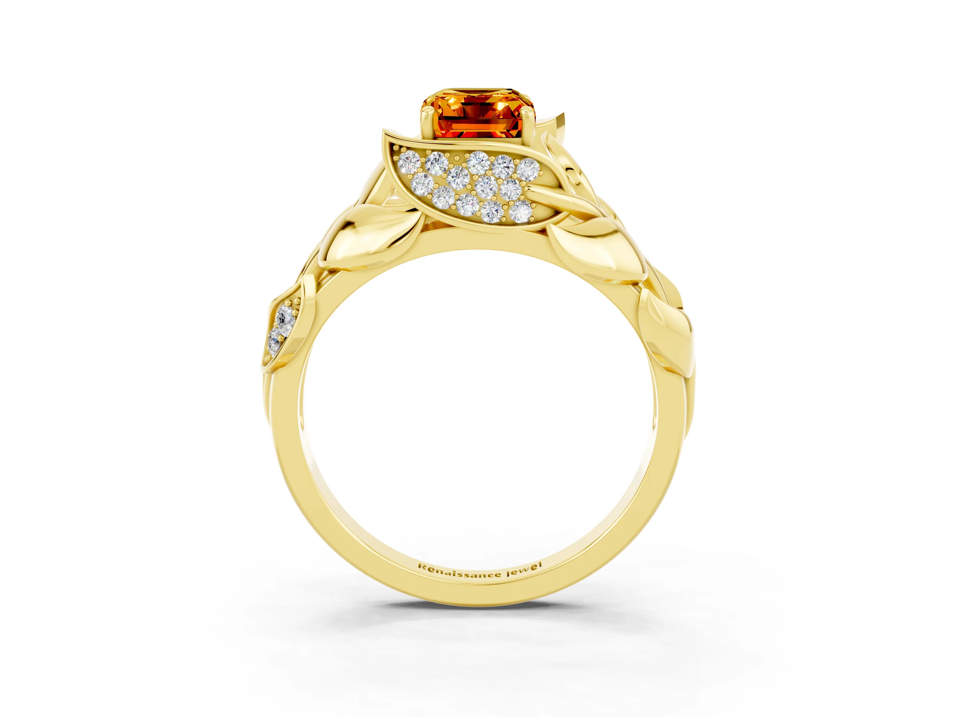 Yellow gold Emerald Cut Solitaire Leaf-Inspired Engagement Ring with Prong Setting_3