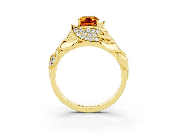 Yellow gold Emerald Cut Citrine Leaf-Inspired Engagement Ring with Round Accents and Prong Setting