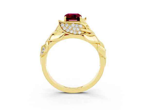 Yellow gold Emerald Cut Garnet Leaf-Inspired Engagement Ring with Round Accents and Prong Setting