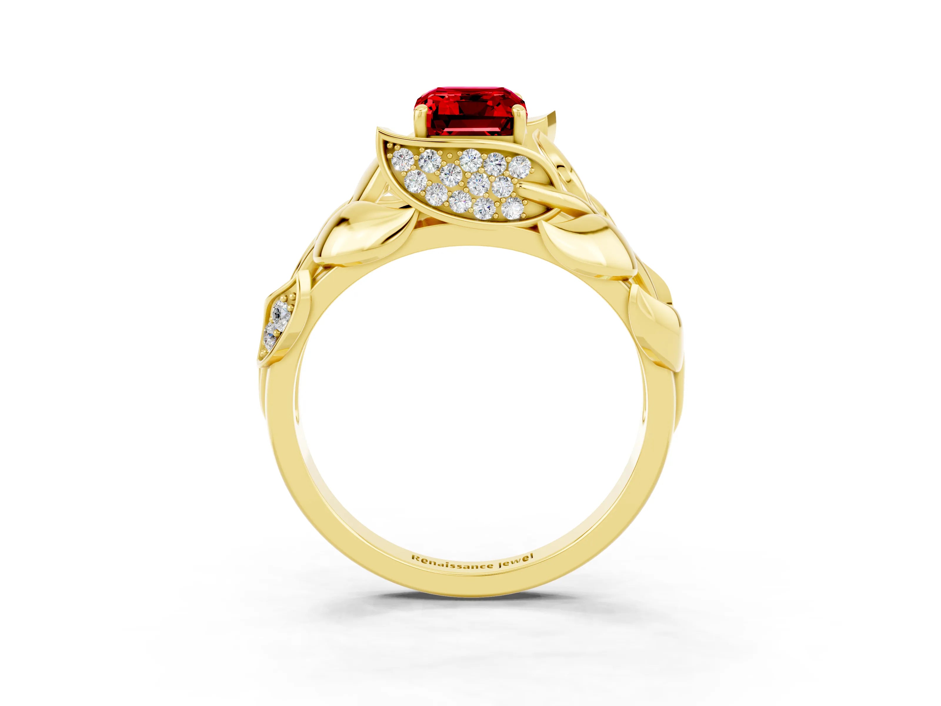 Yellow gold Emerald Cut Solitaire Leaf-Inspired Engagement Ring with Prong Setting_3