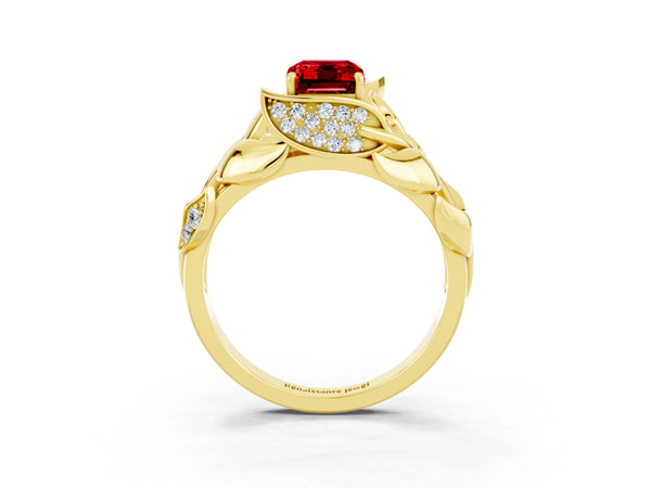 Yellow gold Emerald Cut Ruby Leaf-Inspired Engagement Ring with Round Accents and Prong Setting