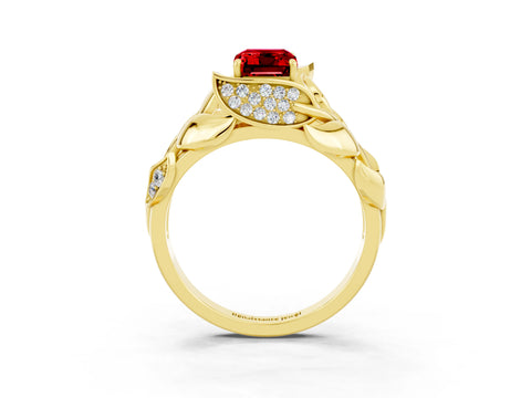 Yellow gold Emerald Cut Solitaire Leaf-Inspired Engagement Ring with Prong Setting_3