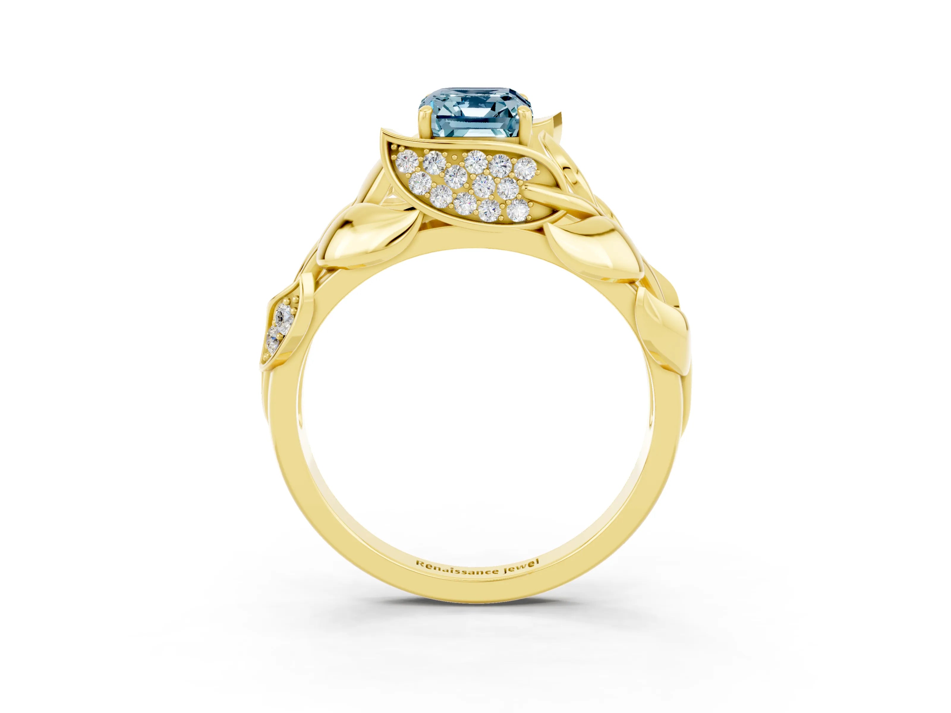Yellow gold Emerald Cut Solitaire Leaf-Inspired Engagement Ring with Prong Setting_3