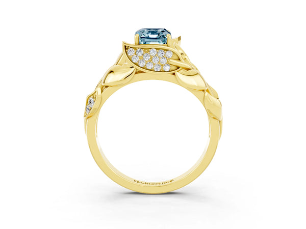 Yellow gold Emerald Cut Aquamarine Leaf-Inspired Engagement Ring with Round Accents and Prong Setting